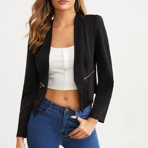 Pointed hem Collarless Zipper Detail Blazer Jacket Business Casual